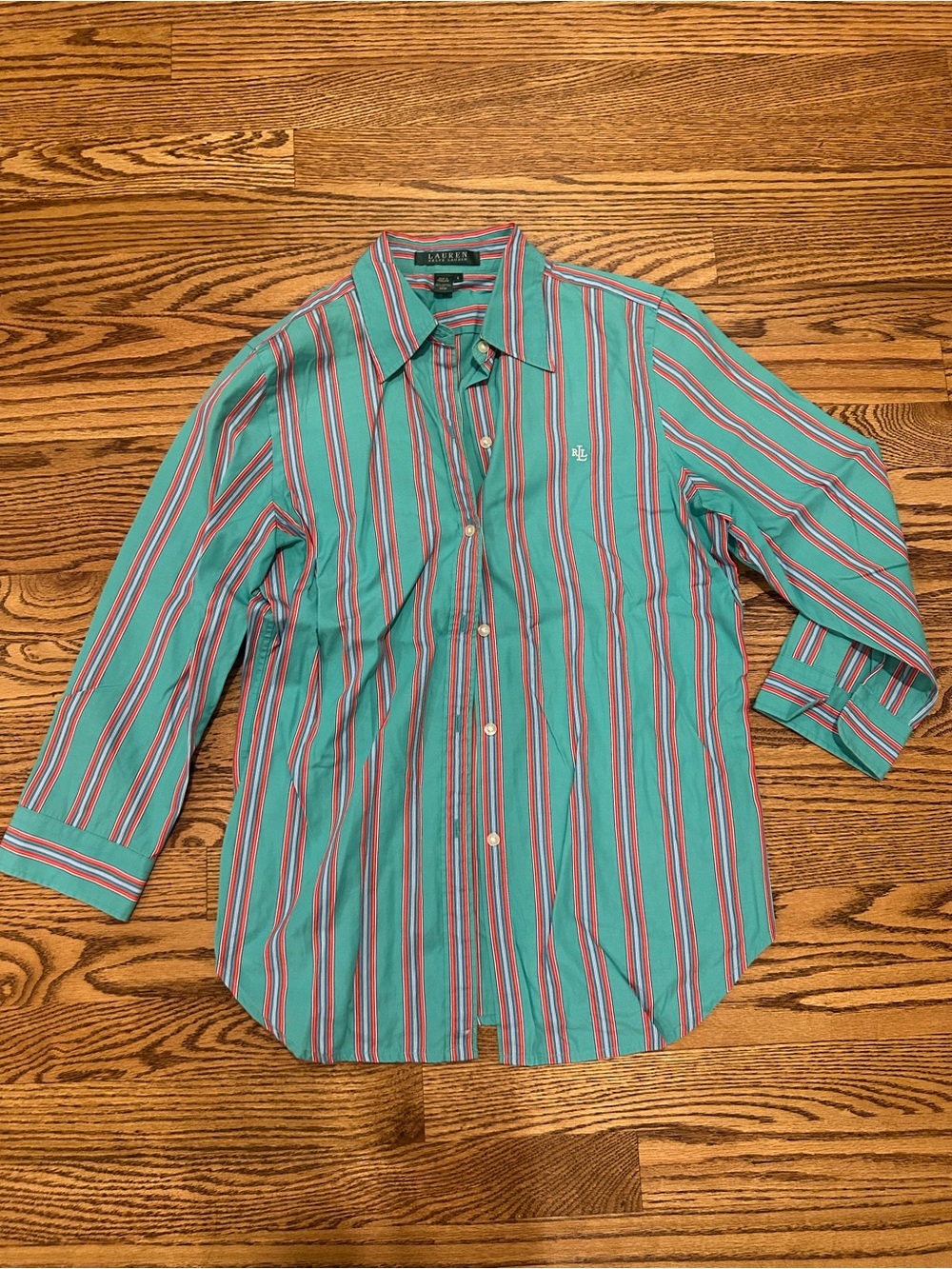 Ralph Lauren Teal Stripe Button-Down Shirt with Red & White Accents